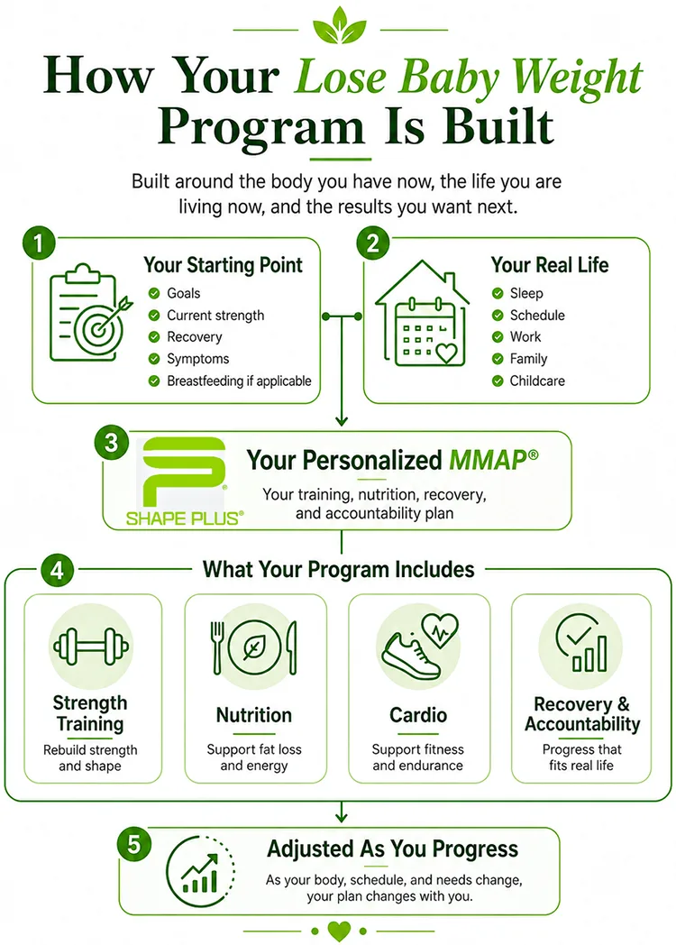 Infographic showing how Shape Plus builds a personalized lose baby weight program around a woman’s body, life, and goals.