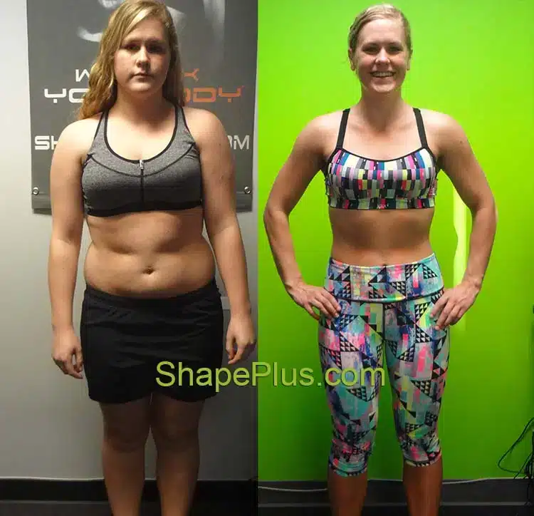Before-and-after photos of Alyse showing her women’s weight loss personal training results at Shape Plus