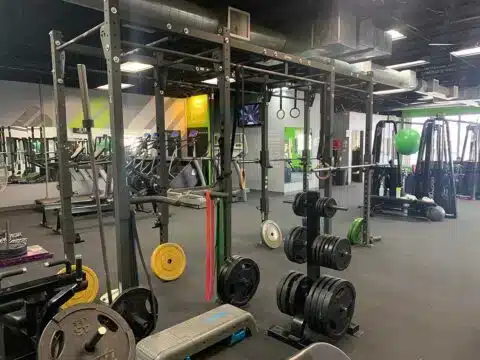 Strength-training racks and equipment inside the Shape Plus Denver gym