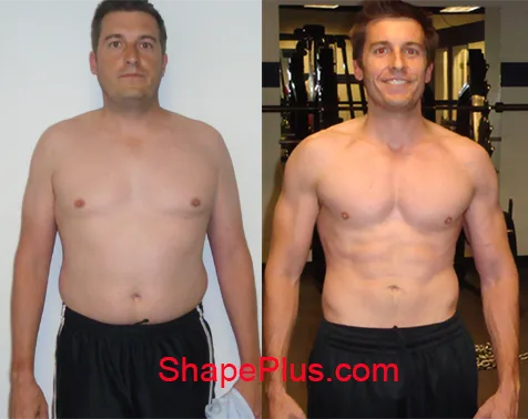 Before-and-after photos of Shape Plus client Drew after losing 34 pounds and gaining strength.