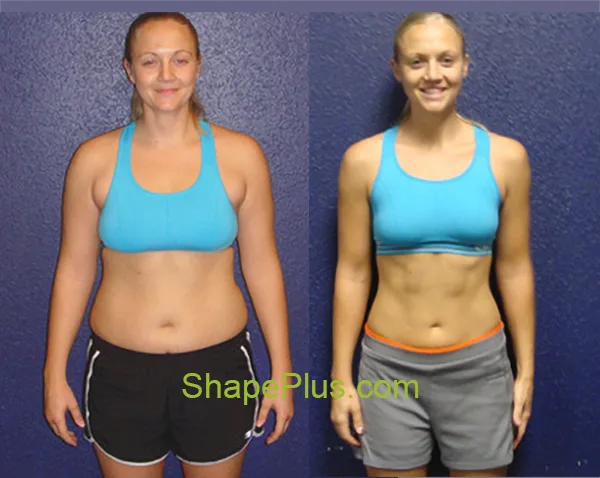 Before-and-after photos of Laura C. showing her women’s weight loss and strength results at Shape Plus