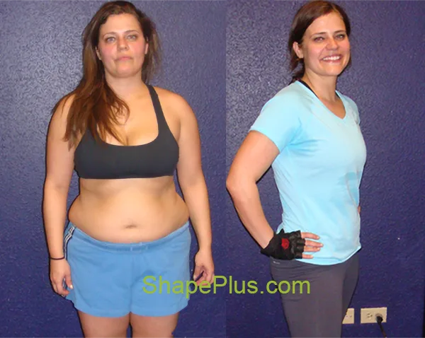 Before-and-after photos of Laura S. showing her 49-pound weight loss results with Shape Plus personal training
