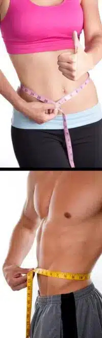 Woman and man measuring their waists as part of a personalized nutrition and fitness program.